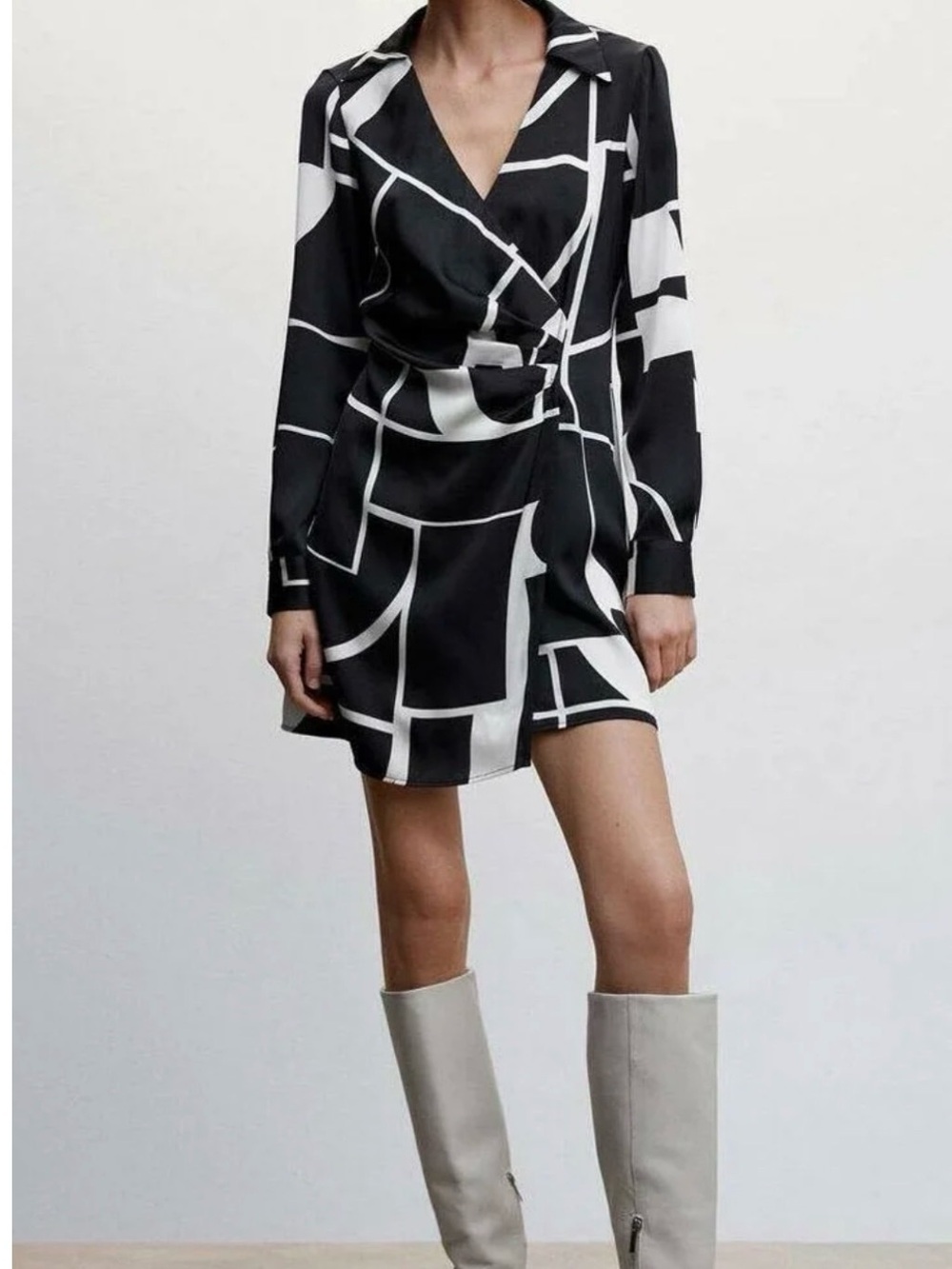Mango Black and White Long Sleeve Wrap Dress